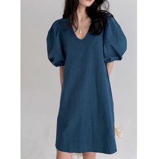 Puff-sleeve Cutout Mini Shift Dress