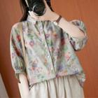 Puff-sleeve Floral Print Shirt Purple Flower - Gray - One Size