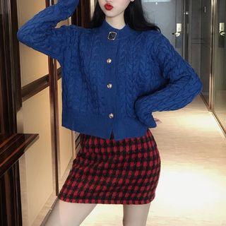 Crew-neck Cable Knit Cardigan / Plaid Mini A-line Skirt