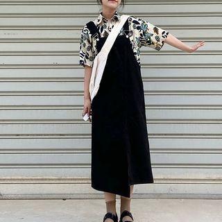 Set: Short-sleeve Floral Print Shirt + Asymmetrical Midi Overall Dress