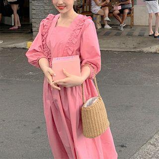 Ruffle Trim Long-sleeve Midi A-line Dress Pink - One Size