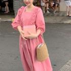 Ruffle Trim Long-sleeve Midi A-line Dress Pink - One Size