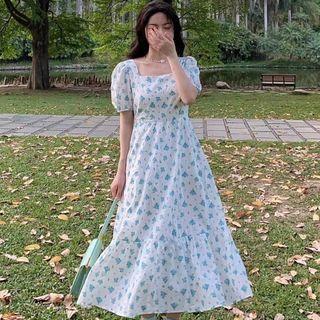 Puff-sleeve Square Neck Bow-back Floral Maxi A-line Dress