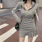 Long-sleeve Contrast Trim Zip Mini Dress