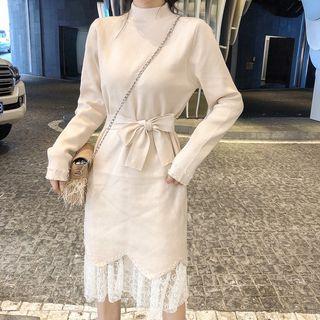 Set: Long-sleeve Mock-neck Knit Dress + Midi Lace Skirt