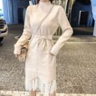 Set: Long-sleeve Mock-neck Knit Dress + Midi Lace Skirt