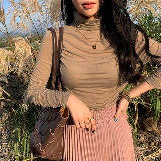 Turtleneck Ruched Slim Top Beige - One Size