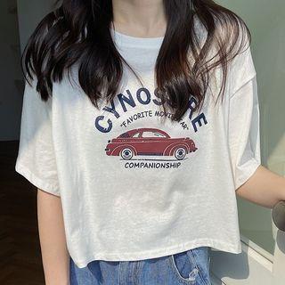 Elbow-sleeve Car Print Cropped T-shirt