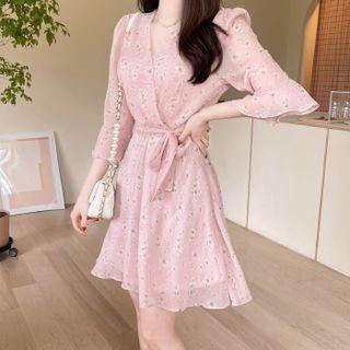 Bell-cuff Floral Chiffon Wrap Dress With Sash