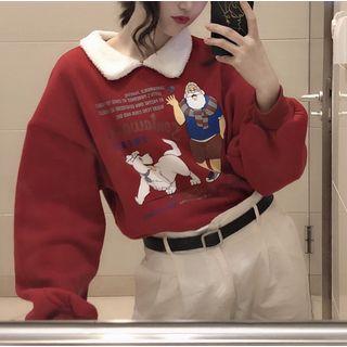 Contrast Collared Print Pullover Red - One Size
