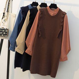 Set: Balloon-sleeve Shirt + Ruffle Sleeveless Knit Dress