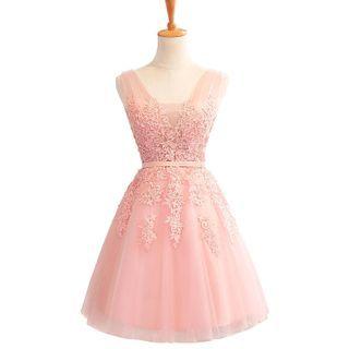 Sleeveless Floral Mesh A-line Evening Dress