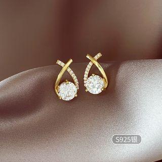 Cz Cross Stud Earring 1 Pair - Silver Needle Studded Earring - Silver Rhinestone - Gold - One Size