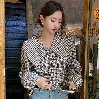 Peter Pan-collar Houndstooth Cropped Blouse
