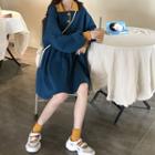 Color Block Long-sleeve A-line Dress Blue - One Size