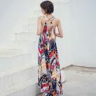Strappy Patterned Asymmetric A-line Maxi Dress As Shown In Figure - One Size