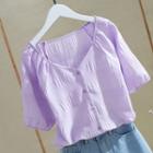 Elbow-sleeve Button-up Crinkle Blouse