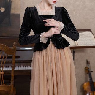 Set: Mesh Trim Velvet Blouse + Mesh Midi A-line Skirt