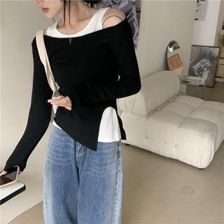 Set: Long-sleeve Asymmetrical Hem Top + Plain Tank Top