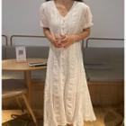 V-neck Short-sleeve Slit Midi A-line Dress