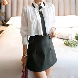 Set: Contrast Trim Blouse + Mini A-line Skirt