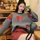 Goldfish Embroidered Loose-fit Pullover / Plain Knit Skirt
