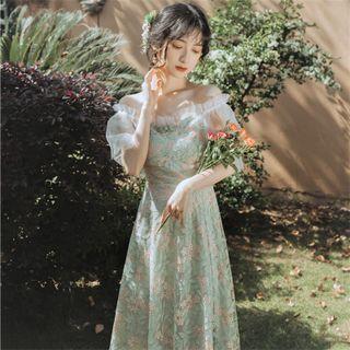 Short-sleeve Off-shoulder Frill Trim Midi A-line Lace Dress
