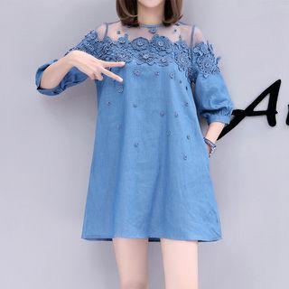 3/4-sleeve Mesh Paneled Mini Denim Dress