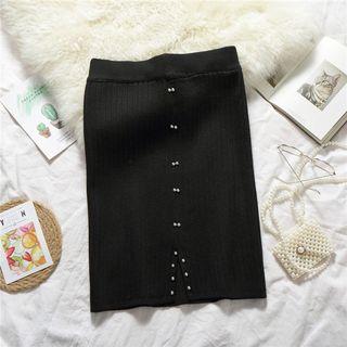 Beaded Straight-fit Rib Knit Skirt