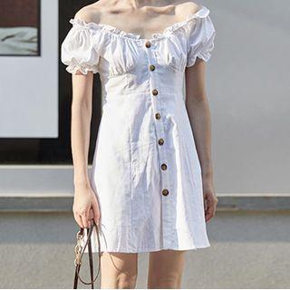Puff-sleeve Off-shoulder Frill Trim Mini A-line Dress