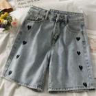 Heart-embroidered Straight-cut Denim Shorts