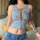 Butterfly Embroidery Lace-up Denim Sleeveless Top