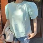 Short-sleeve Plain Blouse Bluish Green - One Size
