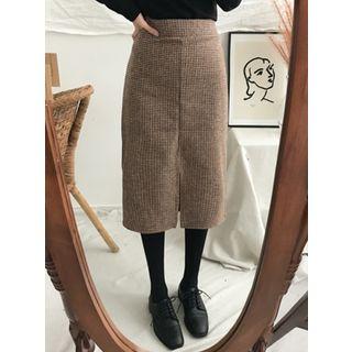 Slit-front Checked Wool Blend Skirt