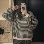 Puff-sleeve Striped Sweatshirt Black & Beige - One Size