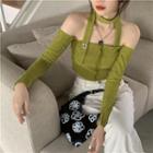 Cold-shoulder Cropped Blouse Green - One Size