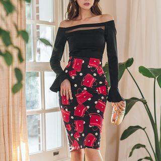 Set: Off-shoulder Mesh Panel Blouse + Printed Pencil Skirt