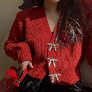 Rhinestone Bow Cropped Cardigan