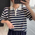 Elbow-sleeve Striped Polo Shirt Stripes - Blue - One Size