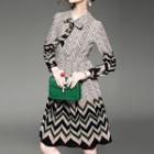 Chevron Long Sleeve Tie Neck A-line Dress