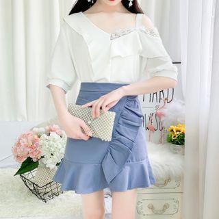 Set: Off-shoulder Lace-trim Blouse + Ruffled Skirt