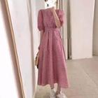 Round-neck Printed Leopard Drawstring A-line Dress