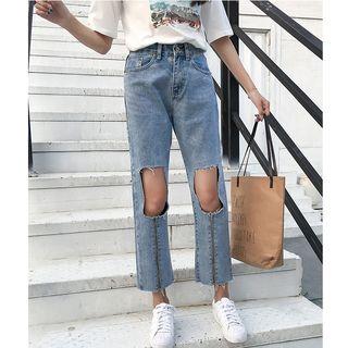 Zip Detail Ripped Straight-cut Jeans
