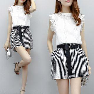 Set: Lace Tank Top + Striped Wide Leg Shorts