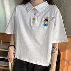 Elbow-sleeve Cartoon Embroidered Polo Shirt