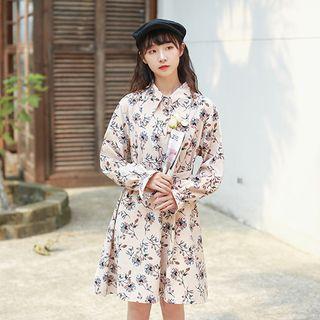 Belted Floral Print Midi A-line Shirtdress