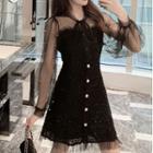 Long-sleeve Embellished Mesh Tie-neck A-line Dress