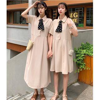 Short-sleeve Buttoned A-line Midi Dress / Elbow-sleeve Dress