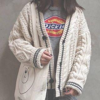 Contrast Trim Cable Knit Cardigan Almond - One Size