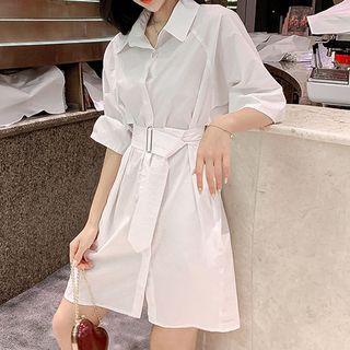 Elbow-sleeve Belt-waist Shirt Dress